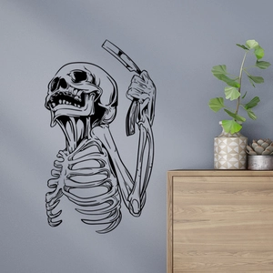 Halloween wall sticker featuring a skull holding a razor for barbershop window decoration