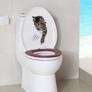 3D realistic gray tabby cat sticker appearing to break through a modern white toilet lid