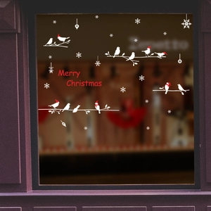 Christmas wall stickers with white birds, snowflakes, and Merry Christmas text for glass decor