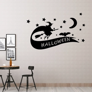 Halloween wall sticker set featuring witch on broomstick, bats and stars for home decor
