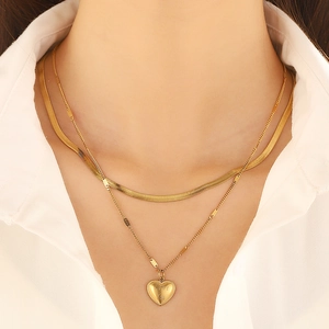 Double-layered gold snake chain and O-chain necklace with a Love You heart pendant