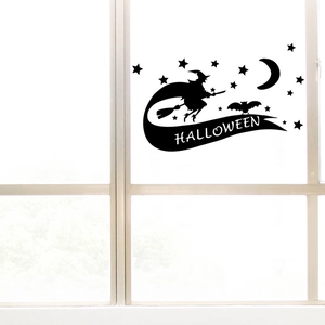 Halloween silhouette wall sticker featuring a witch on broom, moon, stars and bat