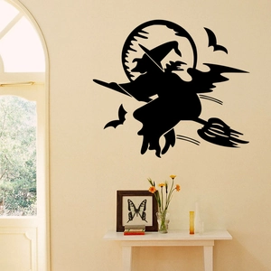 Halloween black bat wall decals with a flying witch on broomstick for home decoration