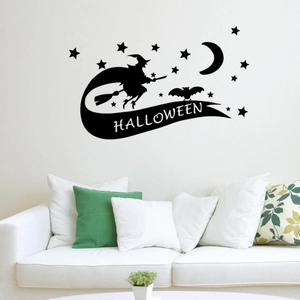 Halloween wall sticker featuring black witch silhouette bats moon and stars on white wall