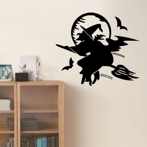 Creative Halloween witch on broomstick wall sticker with black bats for home decor