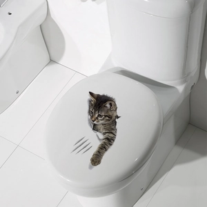 3D realistic gray tabby cat toilet sticker decal with claw marks on a white cover