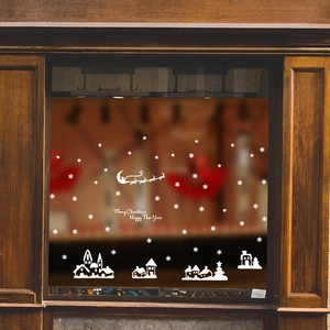 Stickers Fenêtre Noël Flocons de Neige Ville Blanc PVC Renne Traîneau Décalcomanies Murales Pour Verre Boutique Décoration