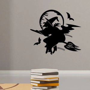 Halloween wall sticker featuring a witch silhouette with a full moon and flying bats