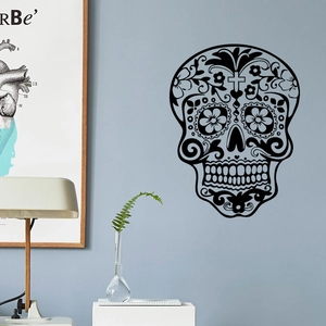 Sticker Mural Halloween Crâne PVC Auto-adhésif Amovible Mexicain Jour des Morts Décoration pour Mur de Salon Maison