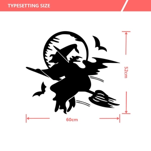 Typesetting size diagram for Halloween witch and bat wall decal showing 60cm by 52cm
