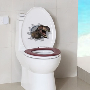 Detailed 3D dinosaur sticker on a white toilet lid showing realistic broken shell effect