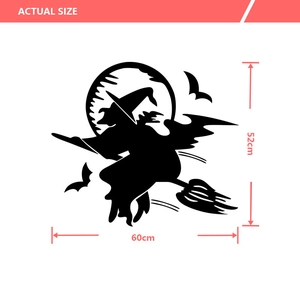Detailed dimensions of Halloween bat and witch wall decal showing 52cm by 60cm size