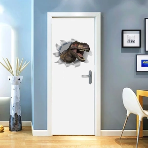 Realistic 3D dinosaur wall sticker showing a T-Rex breaking through a white room door