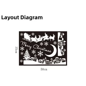 Layout diagram showing 50x35cm Christmas wall decals with Santa, reindeer and snowflakes