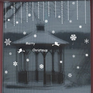 White static PVC snowflake window decals with angels and Merry Christmas greetings