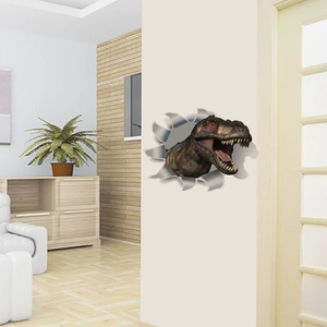 3D realistic dinosaur wall sticker showing a T-Rex breaking through a modern home wall
