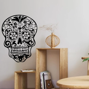Sticker mural décoratif tête de mort noire avec motifs floraux pour décoration moderne