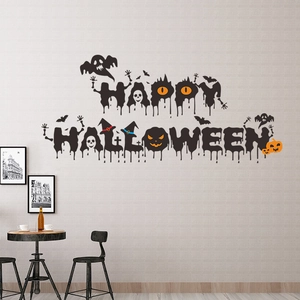 Stickers muraux Halloween avec texte Happy Halloween, fantômes, citrouilles et chauves-souris