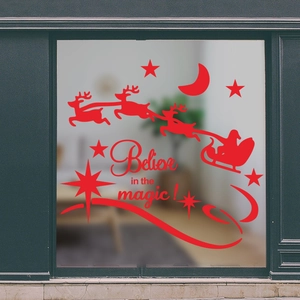 Christmas wall decal with reindeer sled and Believe in the magic quote for window decor