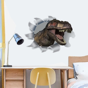 3D effect T-Rex dinosaur wall decal with broken wall design for home interior decor