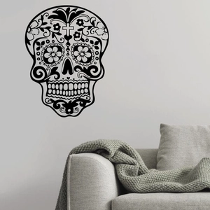 Sticker mural tête de mort en sucre avec motifs floraux pour décor Halloween
