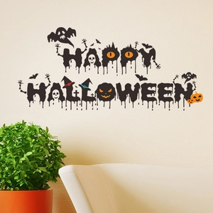 Détail du sticker mural Happy Halloween avec des fantômes et éléments de citrouille
