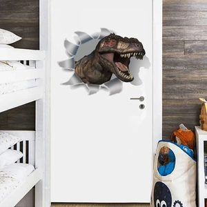Detailed 3D visual T-Rex wall sticker bursting through white door for kids room decoration