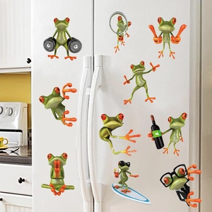 Set of 3D funny frog stickers in various creative poses for fridge or wall decor