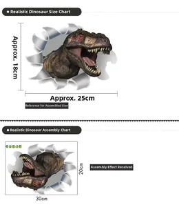 Size guide for 3D dinosaur wall sticker showing finished 18x25cm and sheet 20x30cm