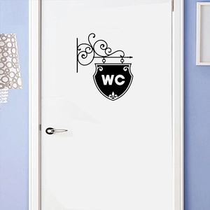 Elegant black WC wall decal with retro shield design for bathroom door decoration