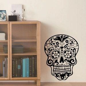 Sticker mural tête de mort noir avec motifs floraux pour décoration d'Halloween