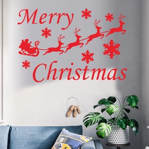 Red Christmas wall sticker with Merry Christmas text, Santa sleigh, and snowflakes