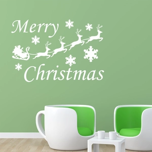 Merry Christmas wall decal with Santa's reindeer sleigh and snowflakes for holiday decor
