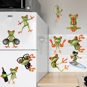 Funny cartoon frog wall stickers set showing various poses for fridge and tile decoration