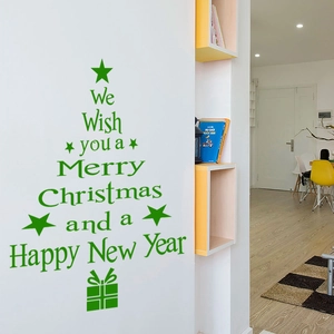 Christmas tree wall sticker with Merry Christmas wishes and star icons for home decor