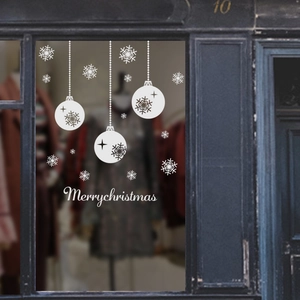 White Christmas window stickers with snowflakes and decorative balls for holiday glass decor