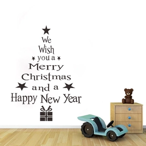 Christmas tree wall decal with festive lettering for living room and glass window decor