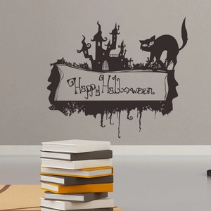 Adesivo da Parete Halloween Castello Gatto Nero Decalcomania in PVC Removibile per Soggiorno Camera da Letto Happy Halloween