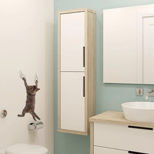 Detail of wall-mounted minimalist cabinet with wood frame and white doors in bathroom setting