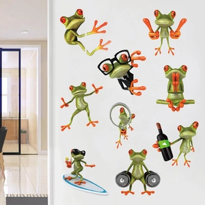 Collection of funny 3D green frog wall stickers in various active lifestyle poses