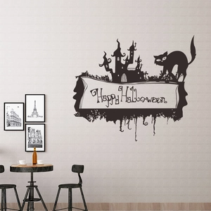 Adesivo murale di Halloween con castello stregato e sagoma di gatto nero in materiale PVC