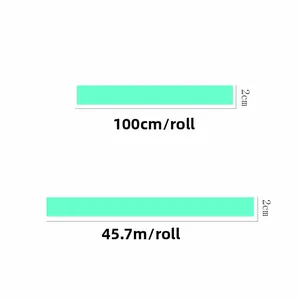 Detailed size chart for luminous tape with 2cm width and 1m or 45.7m roll options