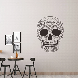 Black sugar skull wall sticker for living room with Mexican Day of the Dead floral patterns