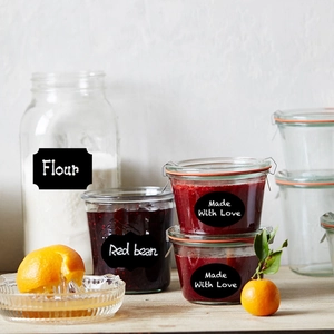 Set of glass storage jars with black waterproof labels and metal airtight locking lids