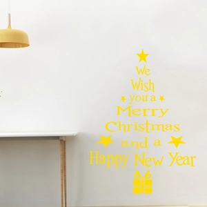 Detailansicht der gelben Merry Christmas Wandaufkleber-Tanne in minimalistischem Design