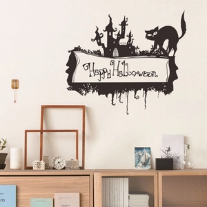 Adesivo murale Halloween castello spettrale e gatto nero in PVC per decorazioni