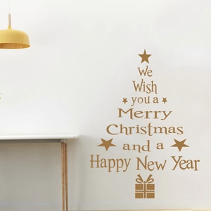 Detailansicht goldener Weihnachtsbaum Wandaufkleber mit festlicher Schrift und gelber Lampe
