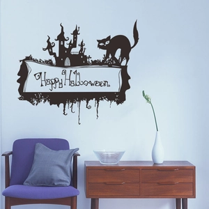 Adesivo murale di Halloween con castello e gatto nero per decorazione soggiorno moderno