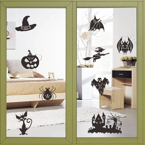 Halloween vinyl wall stickers set featuring black silhouettes of witches, pumpkins and ghosts