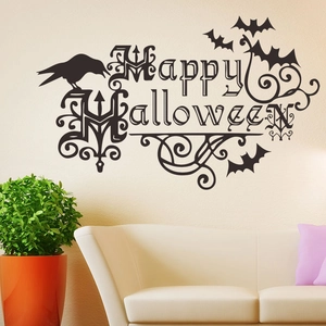 Halloween Wandtattoo mit Raben und Fledermäusen sowie Happy Halloween Schriftzug